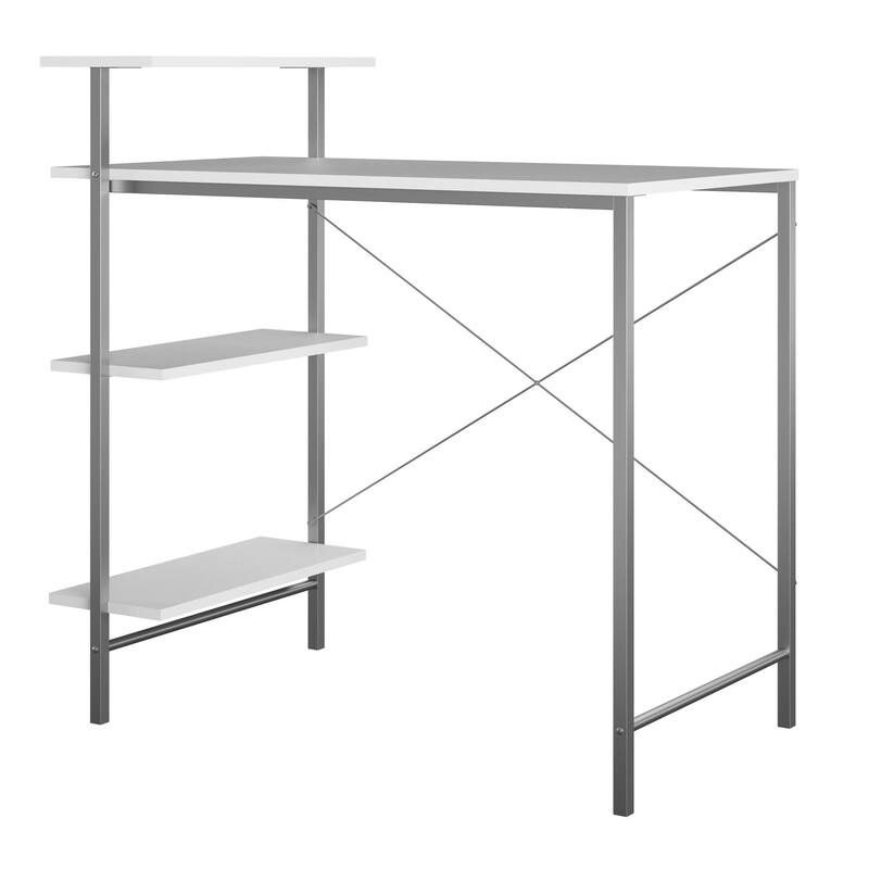 Roomfitters Side Storage Student Desk with Metal Frame and Open Shelves, White