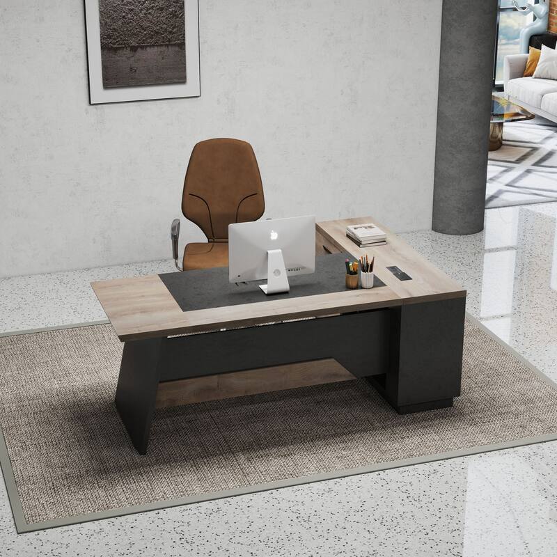 WESOME Black/Wood L-Shaped Executive Desk with Cabinet Built-In Outlet(LP002)