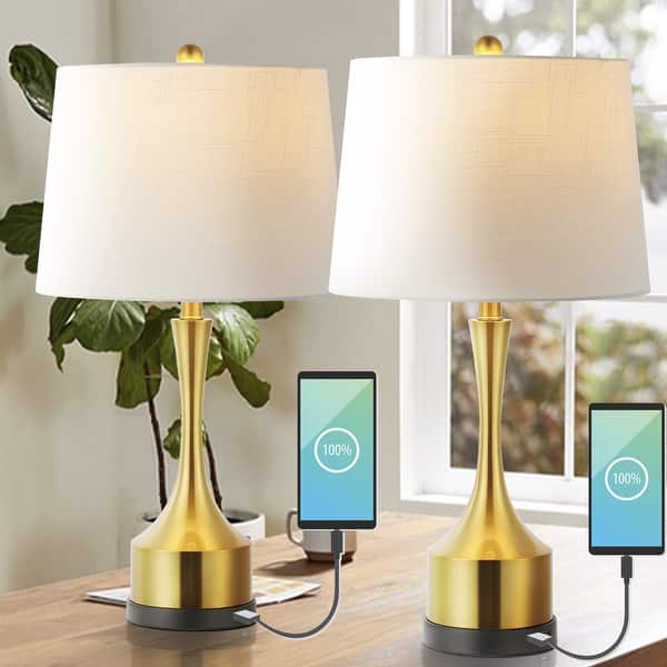 slide 2 of 24, Colton 26" Classic French Country Iron LED Table Lamp with USB Charging Port, Brass Gold (Set of 2) by JONATHAN Y Brass Gold