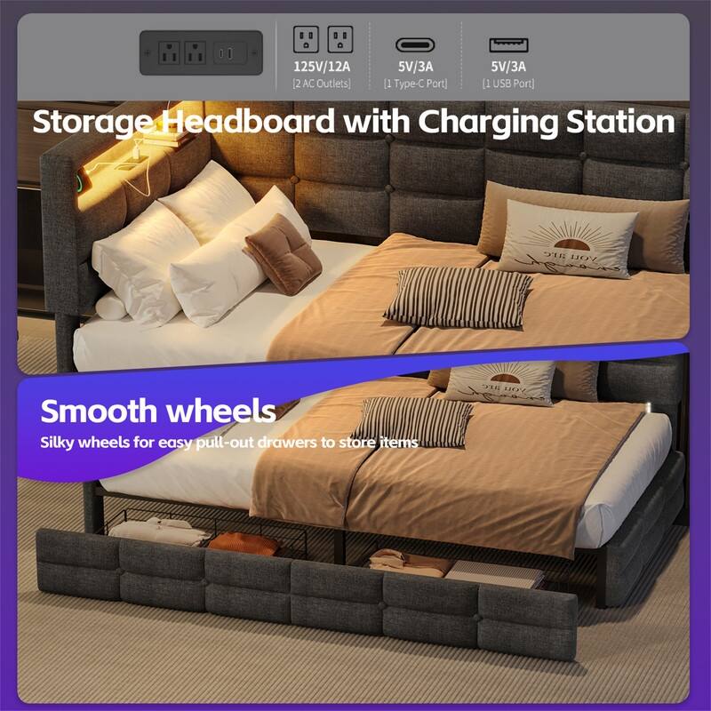 Twin Size Daybed with 2 Storage Drawers and LED Lights, Upholstered Sofa Bed Frame with Storage Headboard & Charging Station