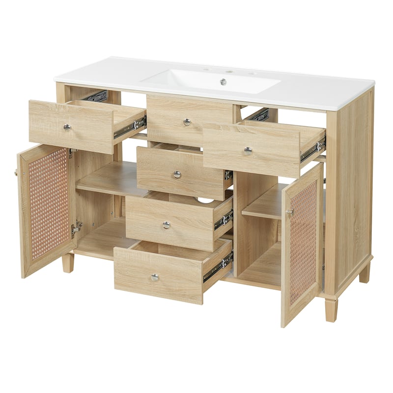 Christopher Knight Home - Modern Handwoven Rattan Bathroom Vanity with Ceramic Sink, Soft-Close Storages & Adjustable Shelving