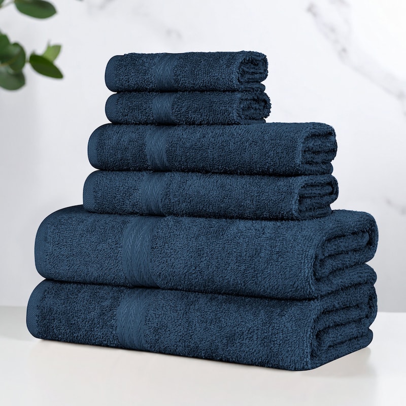 Superior Miami 100% Cotton 6-Piece Towel Set - Lightweight & Quick Drying - Navy Blue