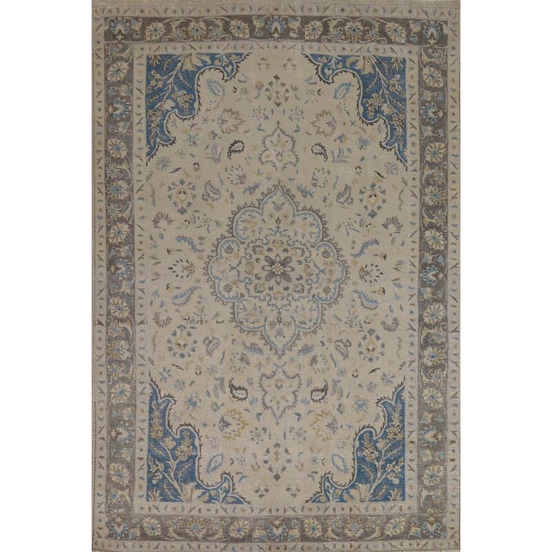Traditional Floral Tabriz Persian Area Rug Handmade Beige Wool Carpet - 7'0"x 10'4"