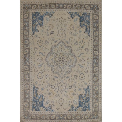 Traditional Floral Tabriz Persian Area Rug Handmade Beige Wool Carpet - 7'0"x 10'4"