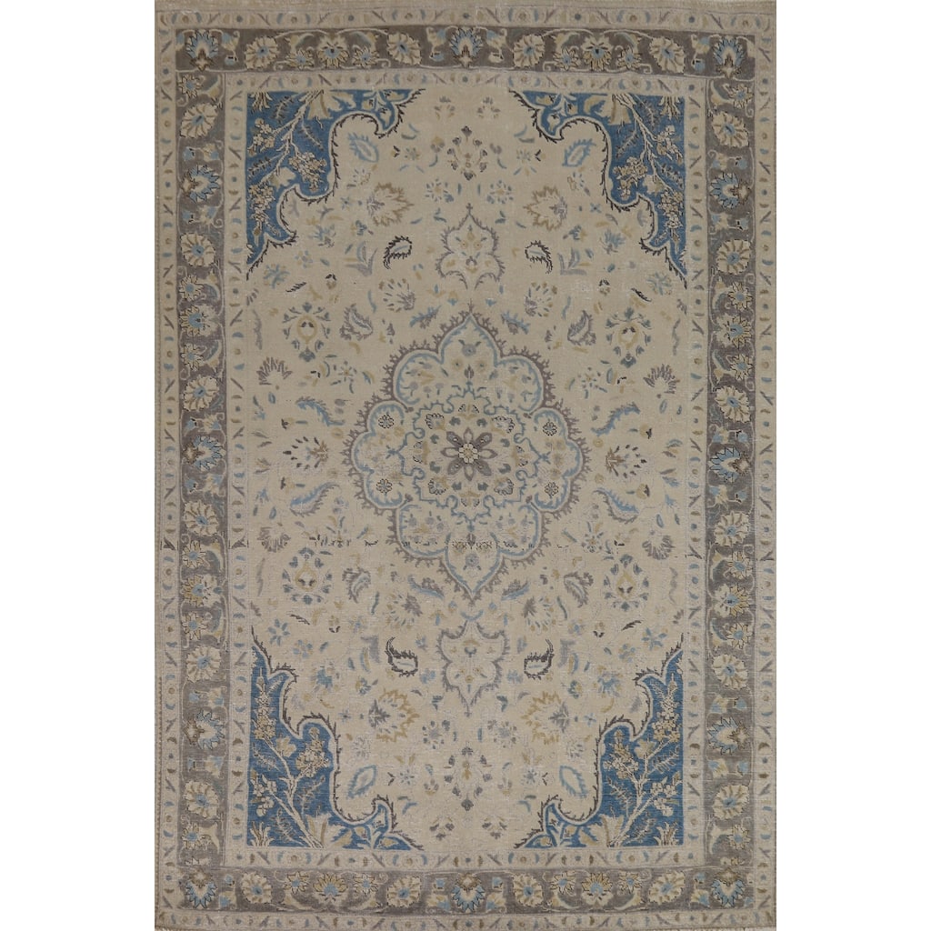 Traditional Floral Tabriz Persian Area Rug Handmade Beige Wool Carpet - 7'0"x 10'4"
