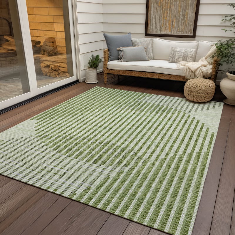 Machine Washable Indoor/ Outdoor Abstract Stripe Chantille Rug - Green - 9' x 12'