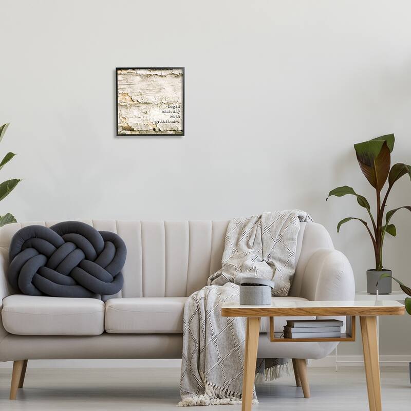 Stupell Inspiring Gratitude Typography Phrase Rustic Flaked Tree Framed Wall Art, Design by Graffitee Studios - Tan