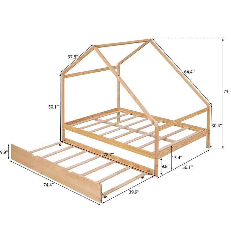 Merax Wooden House Bed With Twin Size Trundle