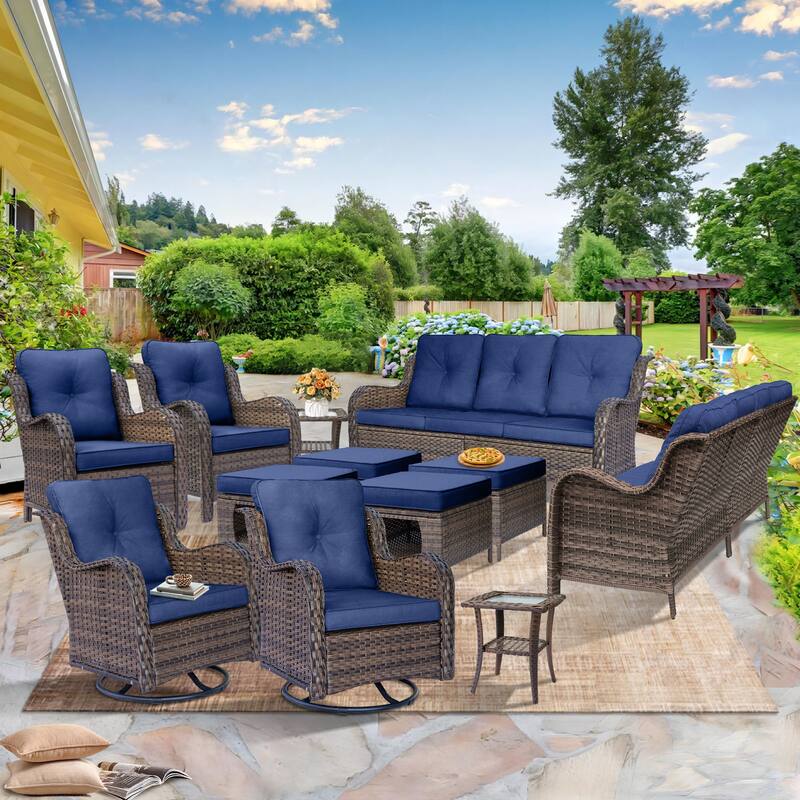 Rattan Wicker Outdoor Patio Furniture Sofa Set with Swivel Rocker Chairs - 12 Piece - Navy Blue
