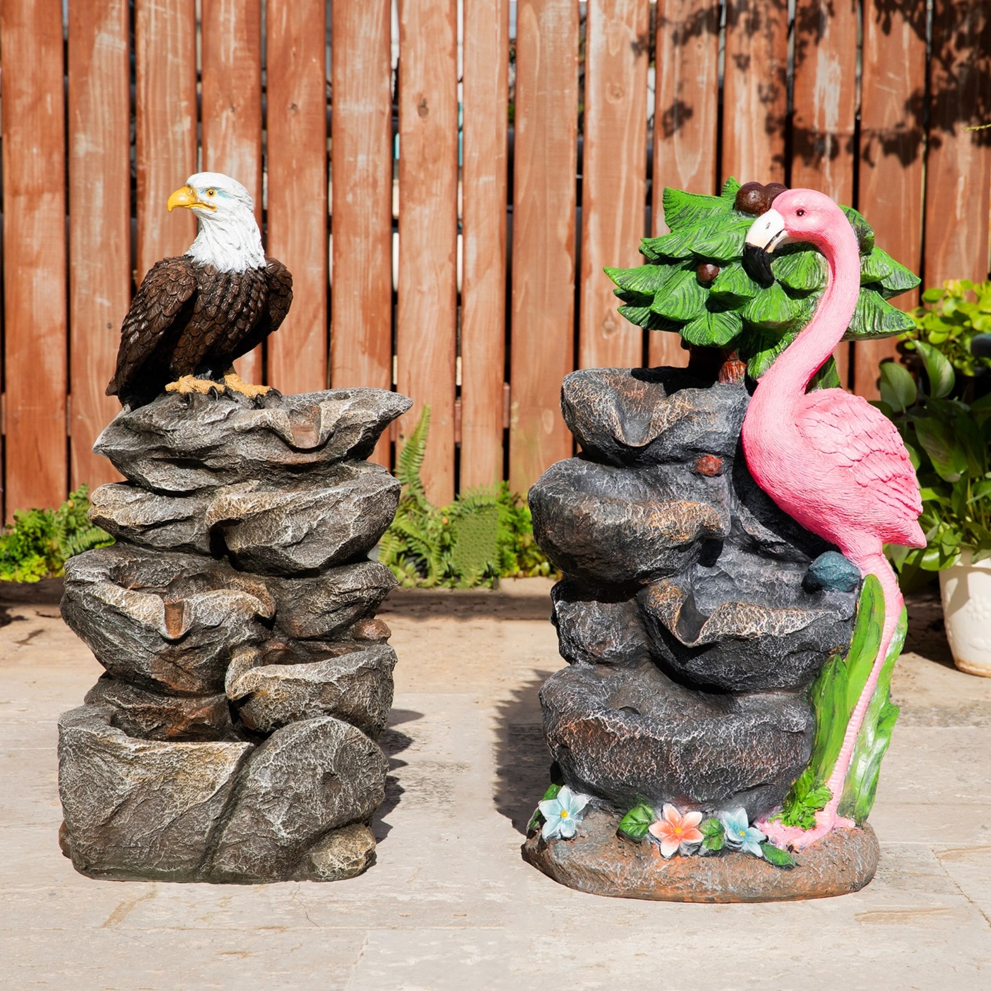 Glitzhome 4-Tiered Flamingo / Eagel Polyresin Outdoor Fountain with Pump and LED Light