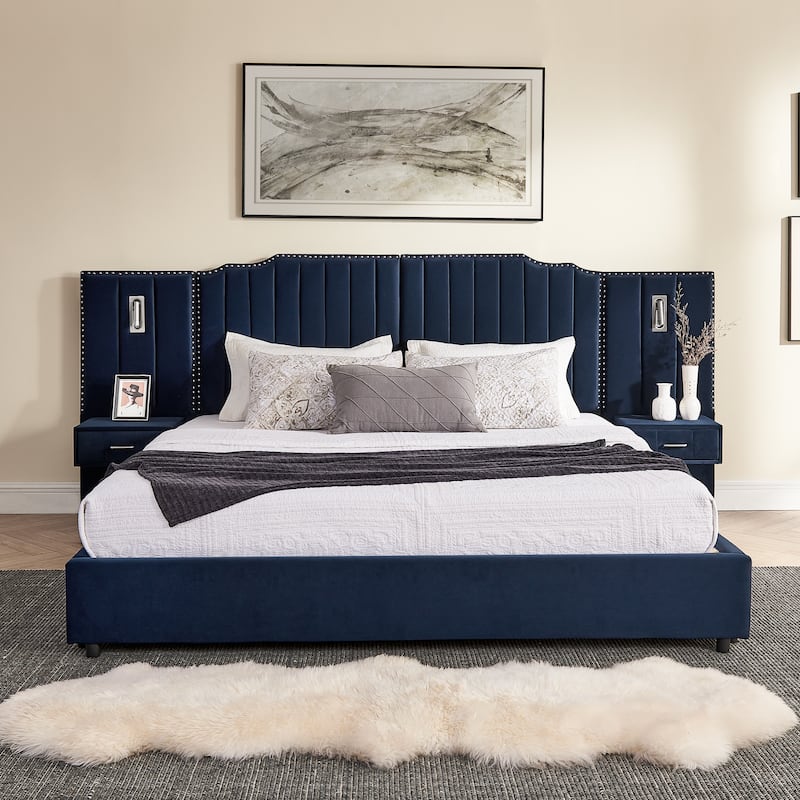 King-Size Velvet Upholstered Bed with Nightstand - Dark Blue