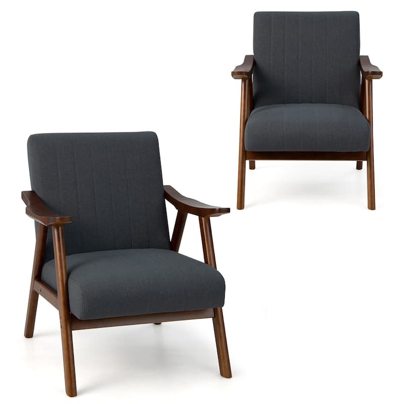 Gymax Set of 2 Accent Chair Leathaire Leisure Armchair w/ Rubber Wood - Grey