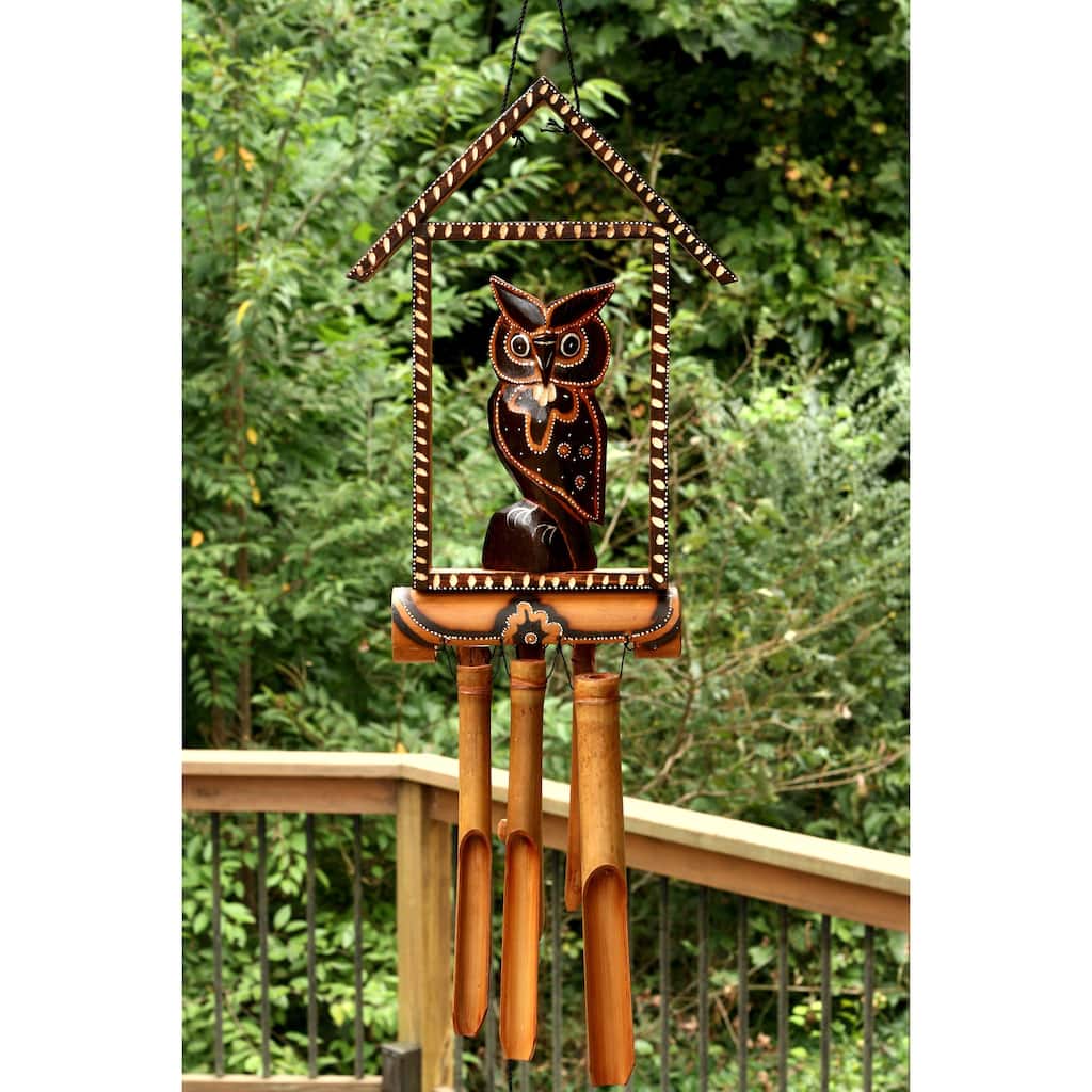 Handmade Wooden Owl House Bamboo Wind Chime Wood Statue Figurine Hoot Sculpture Decorative Rustic Patio Garden Outdoor Decor