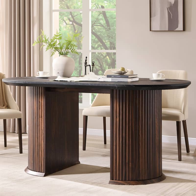 Modern 63" Fluted Oval Dining Table, Thick Edge Semicylindrical Base - N/A - Black & Walnut