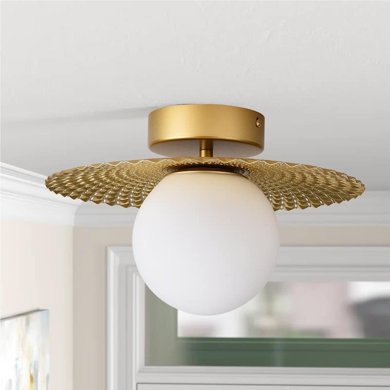 1-light Semi Flush Mount Light with White Globe - Gold