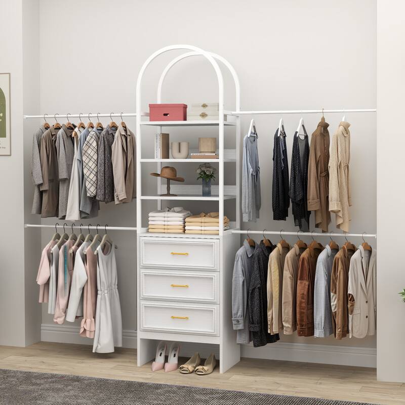 Wall-Mounted Clothing Storage Rack Multi-Functional Closet Organizer System with Adjustable Rods and Shelves