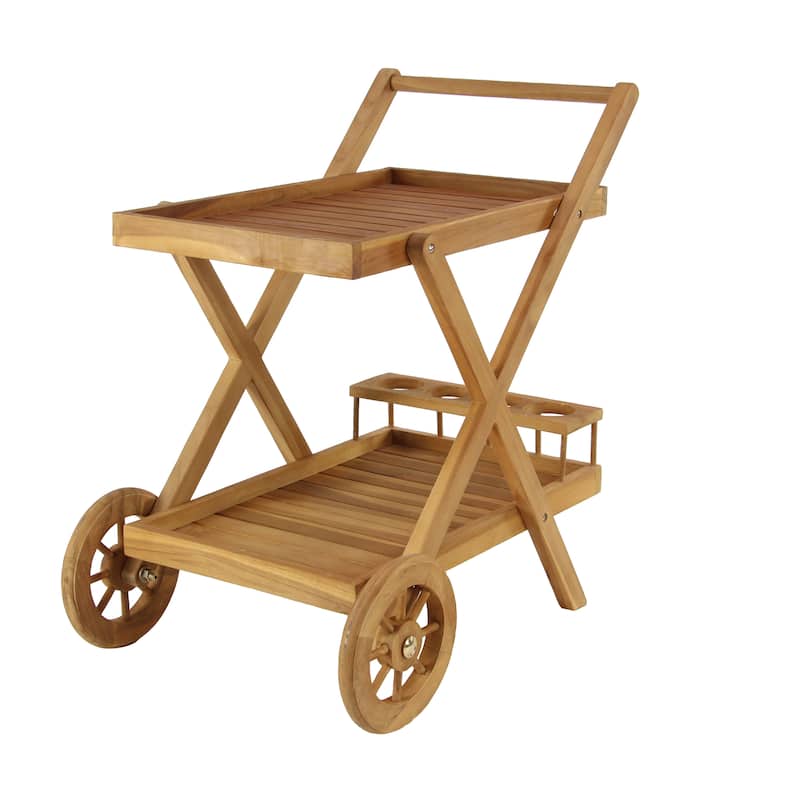 Teak Wood Indoor Outdoor Rolling 2 Shelves Bar Cart with Wheels and Handle - Brown - Roche River Decor - 21"W x 32"L x 32"H