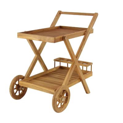 Teak Wood Indoor Outdoor Rolling 2 Shelves Bar Cart with Wheels and Handle - Brown - Roche River Decor - 21"W x 32"L x 32"H