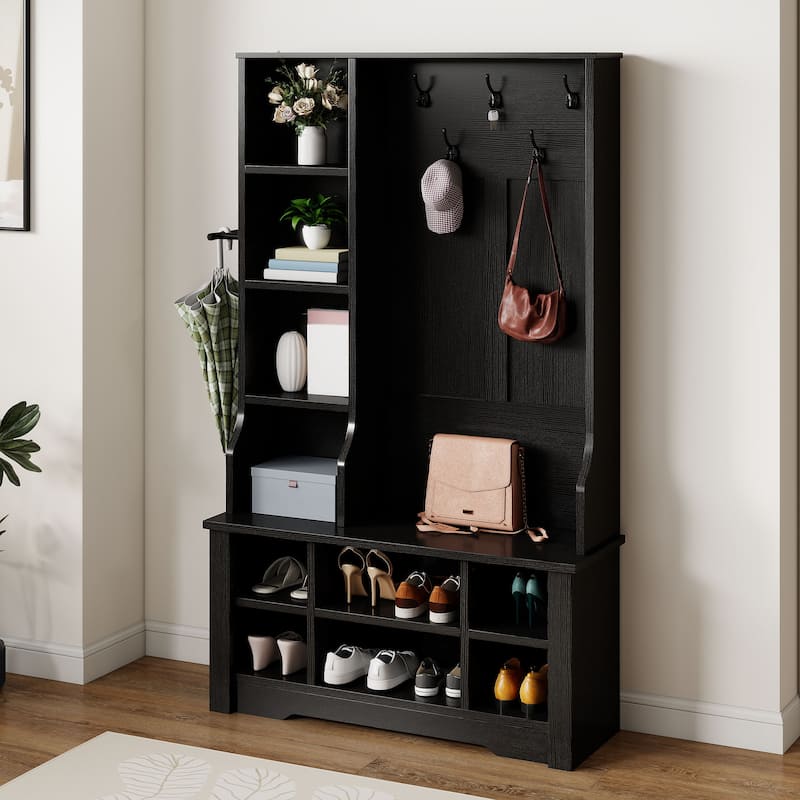 Moasis 39"/59" Farmhouse Hall Tree Bench Shoe Storage Coat Rack for Entryway with Adjustable Shelf - Black - 39"