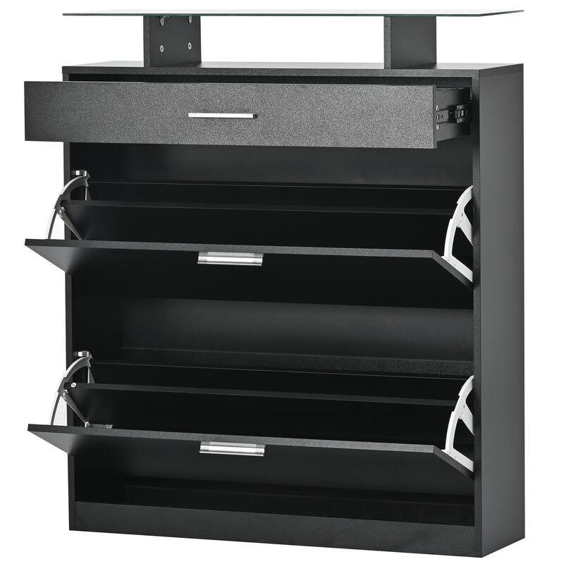Contemporary Shoe Rack Storage Cabinet with Adjustable Shelves, Tempered Glass Top and LED Lighting, for Hallway Organize