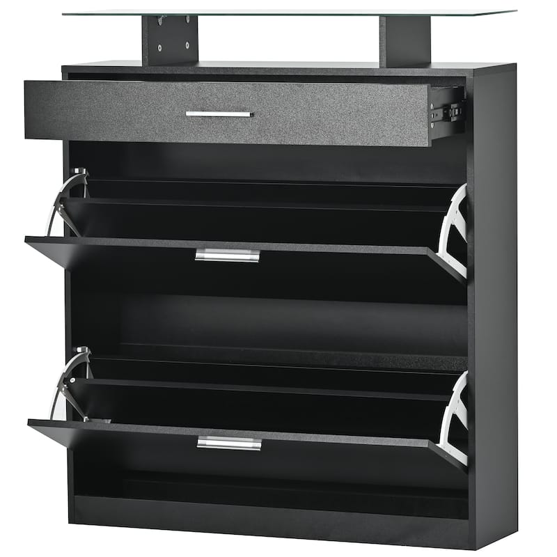 Slim Hidden Shoe Cabinet with 2 Flip Drawers, Tempered Glass Top Shoe Storage Cabinet, Freestanding LED Light Shoe Rack