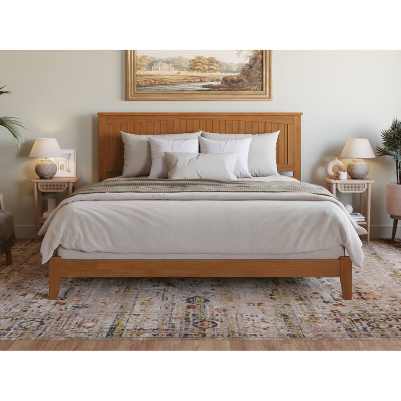 King Bed Frame with Charging Station - Solid Wood Foundation, Grooved Detailing, Light Toffee Finish