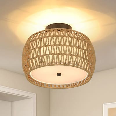 3-Light Woven Rattan Semi Flush Mount Ceiling Light