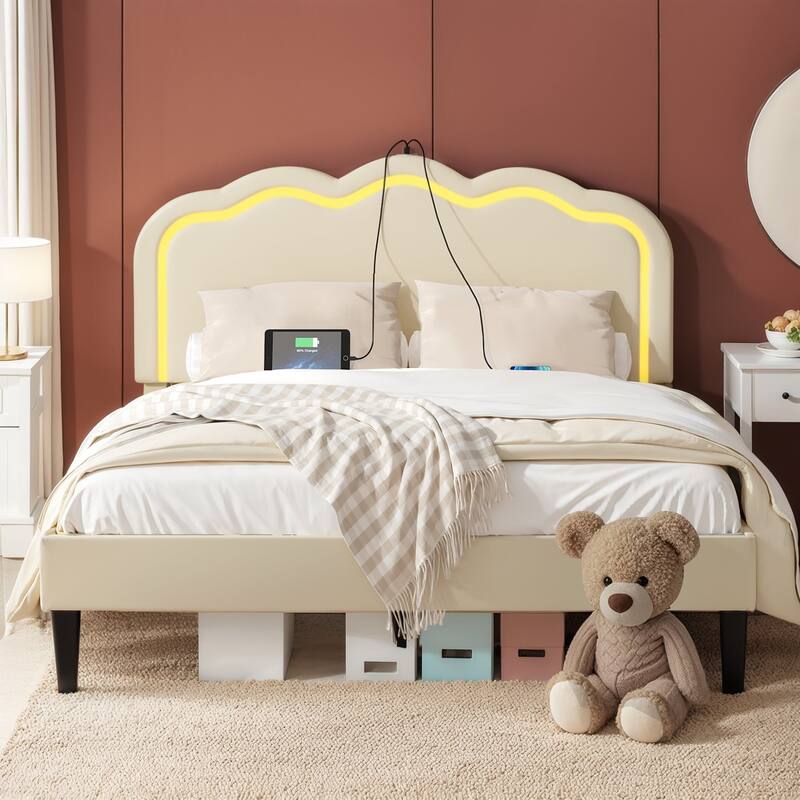 Javlergo Modern Queen Platform Bed with Adjustable LED Headboard USB Ports & Under-Bed Storage Heavy Duty Upholstered Bed Frame - Beige - Queen