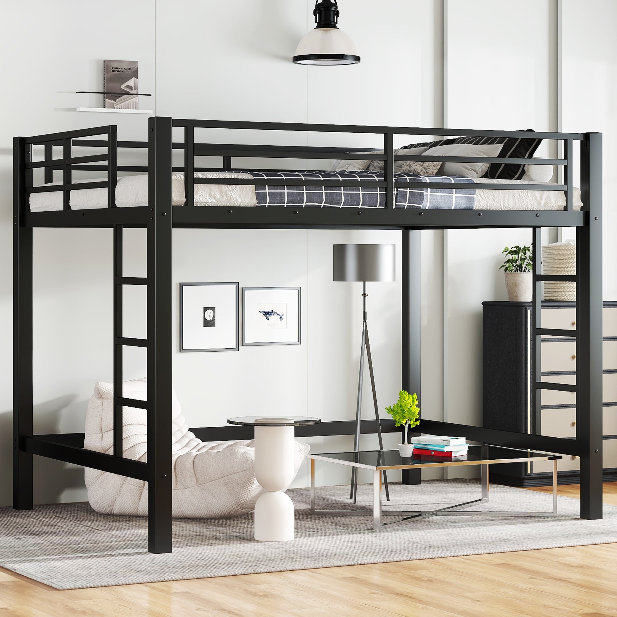 Metal Loft Bed with Easy Climbing Ladder and Guardrails