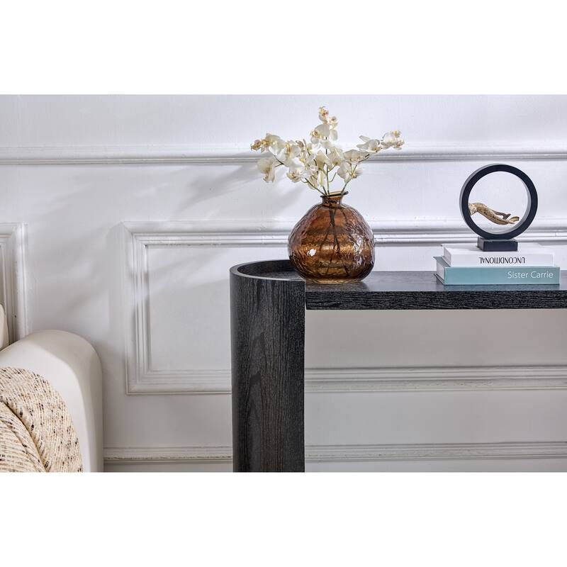 Black curved foyer table - Black wood grain minimalist entrance small space living room sofa side table