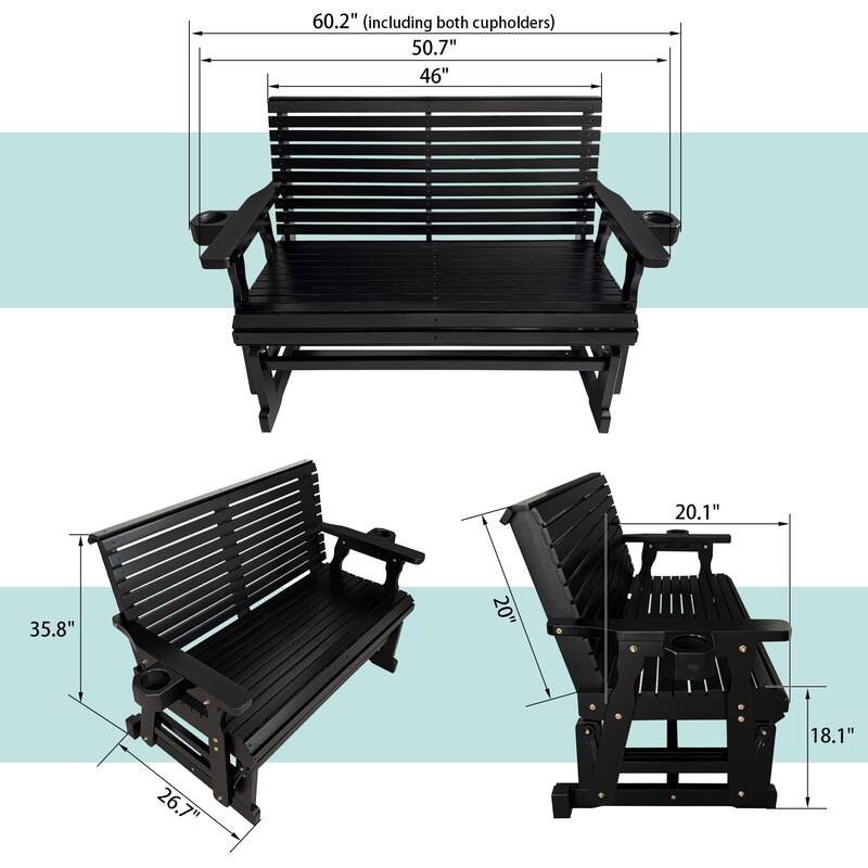 Patio Glider with Cup Holders, High Roll Back and Deep Contoured Seat, Heavy Duty 800 LB
