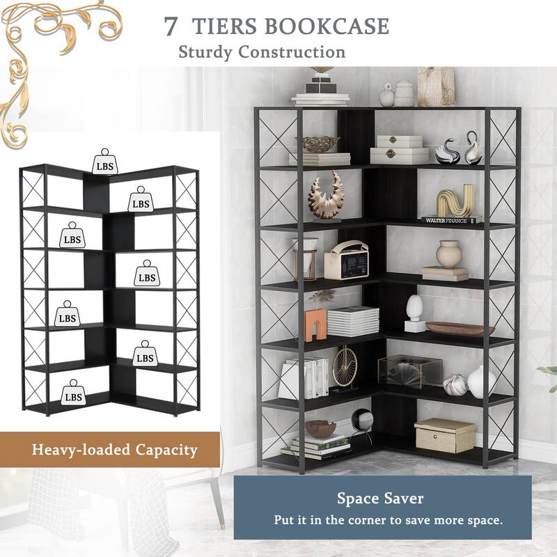 7-Tier Bookcase Home Office Bookshelf, L-Shaped Corner Bookcase with Metal Frame