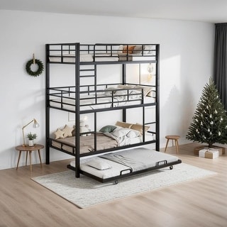 Industrial Modern Metal Twin Size Triple Bunk Bed With Trundle, Save Space or Split Into 2 Beds, Sturdy Construction, Black