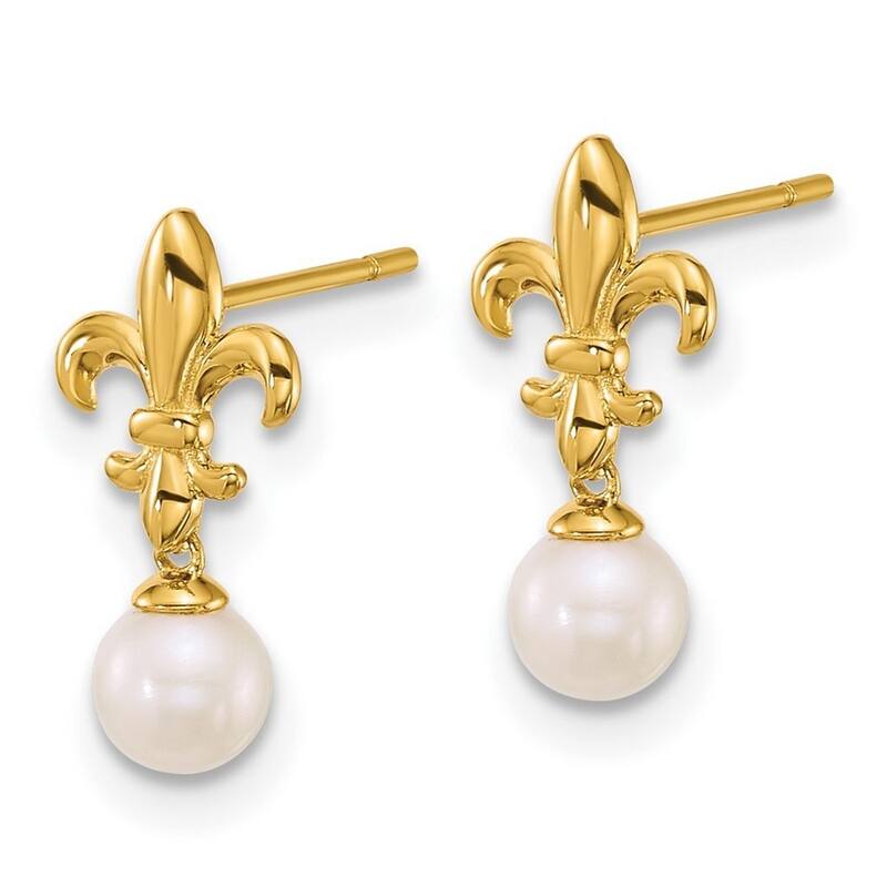 Curata 14k Yellow Gold Fleur De Lis 4mm Freshwater Cultured Pearl Post Dangle Earrings - 14x6.9mm