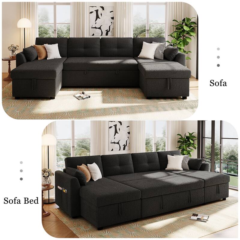 107" U-Shaped Sleeper Sectional Sofa with Storage & USB Ports - Modern Convertible Sofa Bed for Living Room - Black