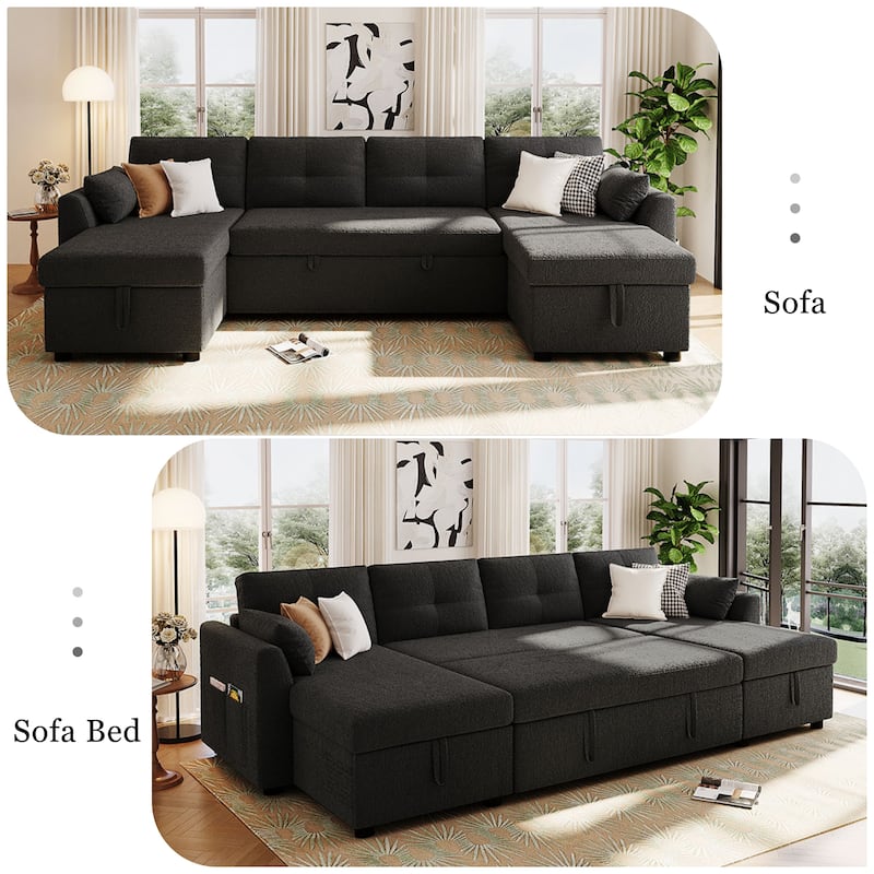 Roomfitters 107 Inch U-Shaped Sectional Sleeper Sofa with Storage Chaise and USB Ports, Teddy Fabric