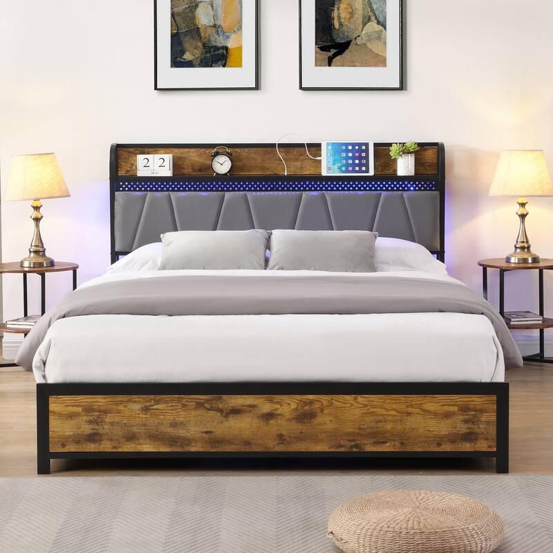 Full Size Metal Storage Bed Frame w/ Storage Headboard & Charging Station and 4 Storage Drawers, LED Lights, Brown