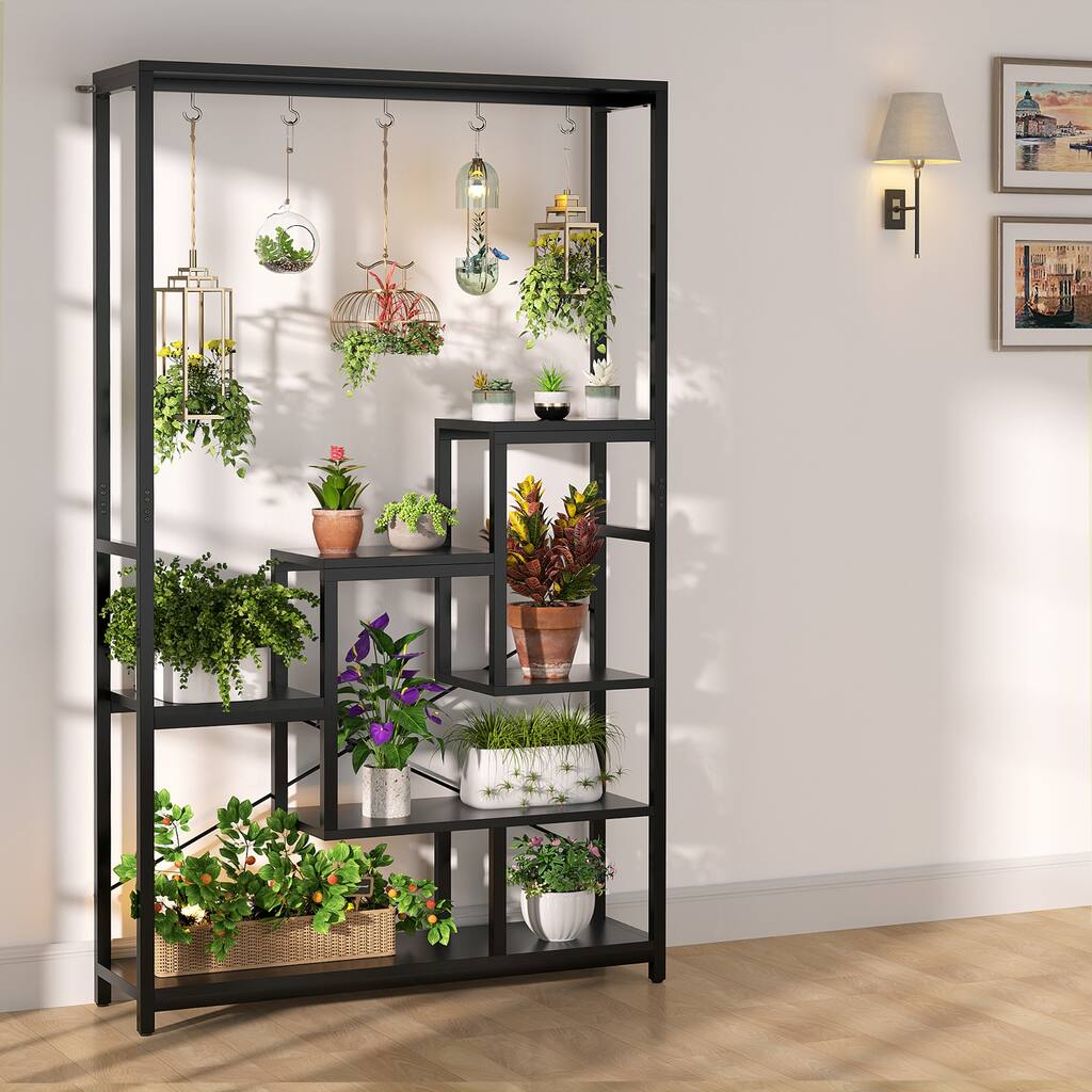 Large Plant Stand with Grow Lights, 6 Tier Tall Plant Holders Indoor Stand with Hanging Hooks