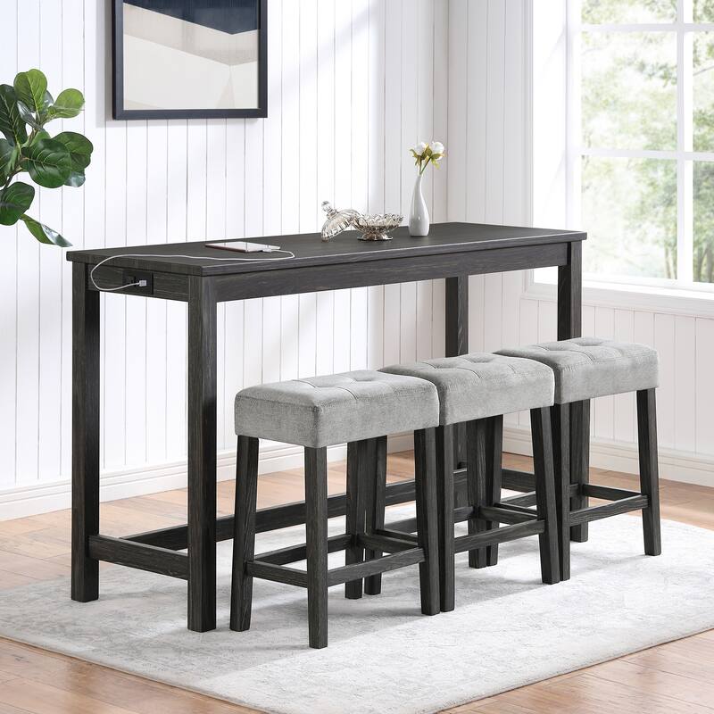 Black Grey Bar Table Set with Power Outlet, 3 Ergonomic Backless Stools, 4 Piece Dining Table Set with 3 Upholstered Seat