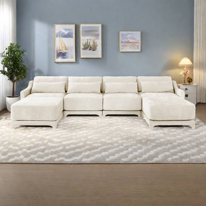141.7" Chenille 4-Seater Sofa with Movable Ottoman, Lumbar Pillow and Solid Wood Frame - Beige