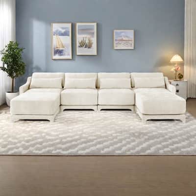 141.7" Chenille 4-Seater Sofa with Movable Ottoman, Lumbar Pillow and Solid Wood Frame