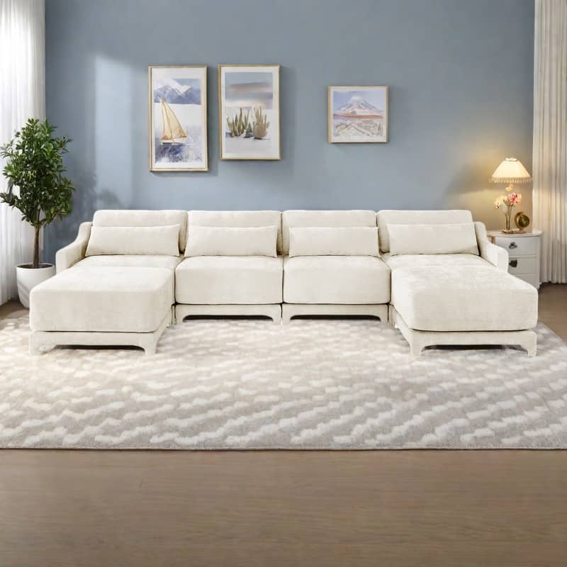 141.7" Chenille 4-Seater Sofa with Movable Ottoman, Lumbar Pillow and Solid Wood Frame