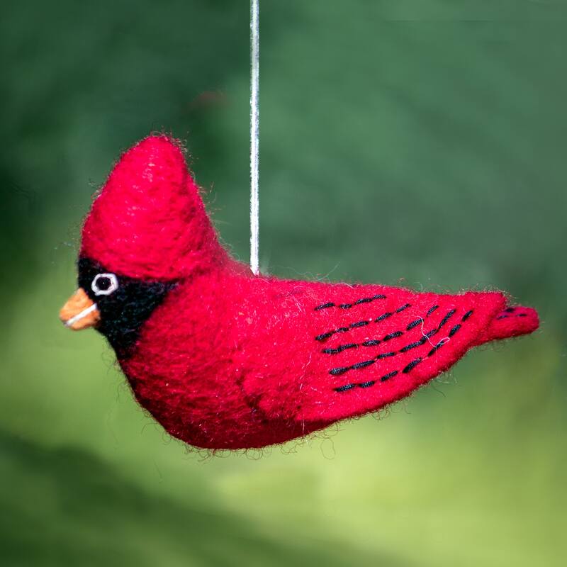 Handmade Wild Woolies Felt Red Cardinal Bird Garden Ornament (Nepal)