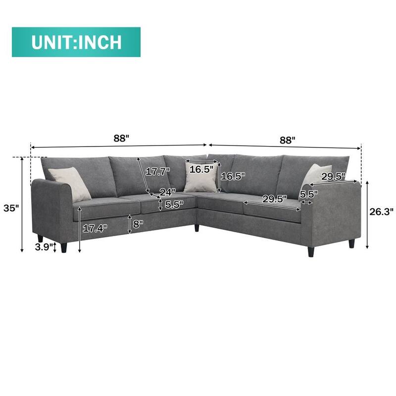88''x88" Modern Upholstered Grey Living Room Sectional Sofa