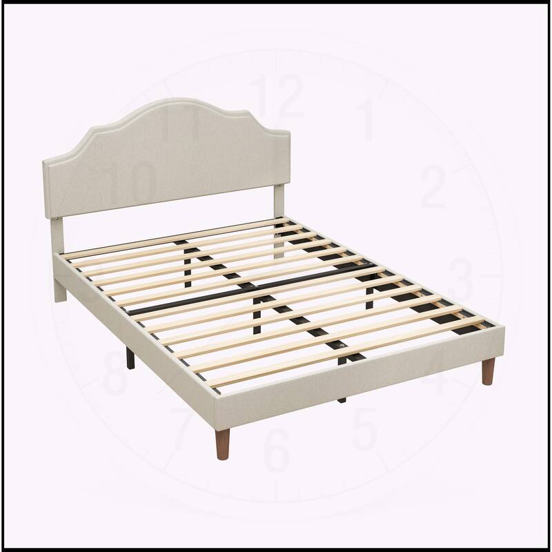 Linen Fabric Padded Platform Bed with Adjustable Headboard