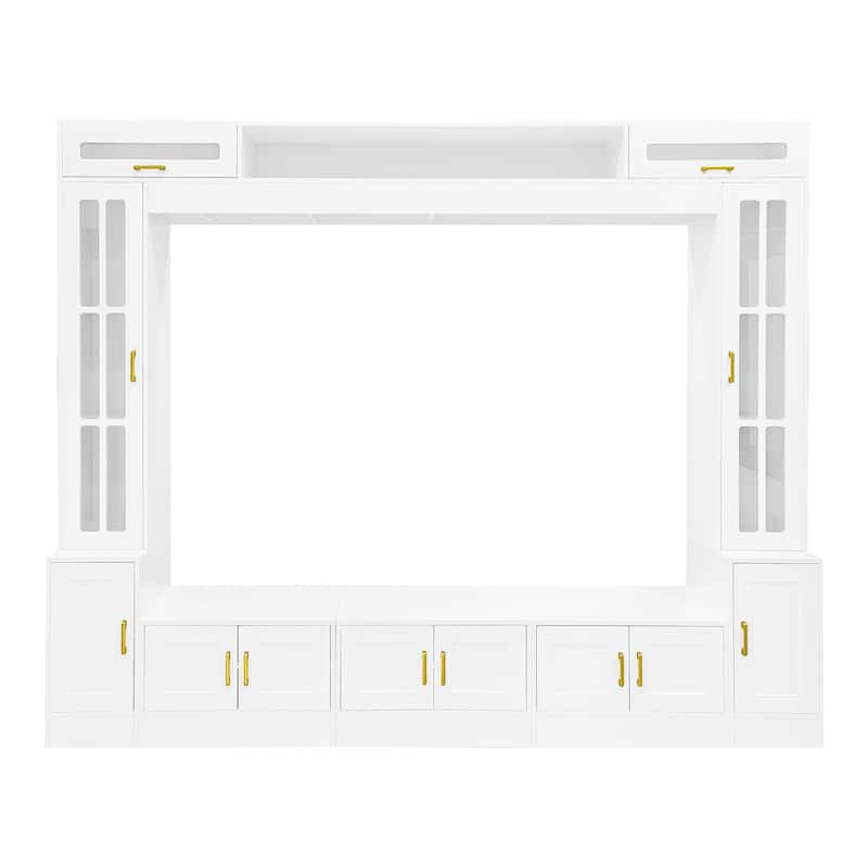 80 inch TV Stand, 8.4 ft Wall Unit Entertainment Center with Bookshelves & Glass Door Cabinets