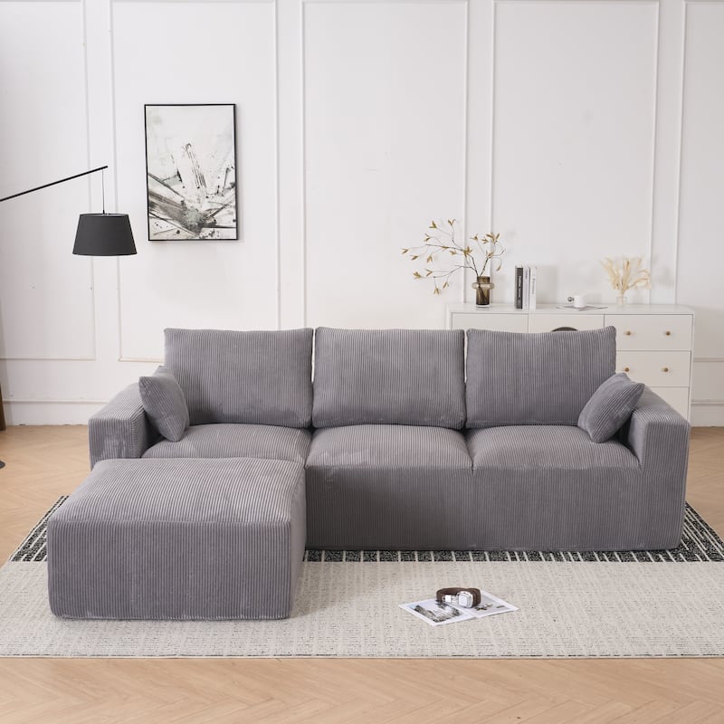 Corduroy Modular Chaise Lounge Couch L-shaped Sectional Sofa with Ottoman and Cushions Back, Full Foam Convertible 3 Seater Sofa