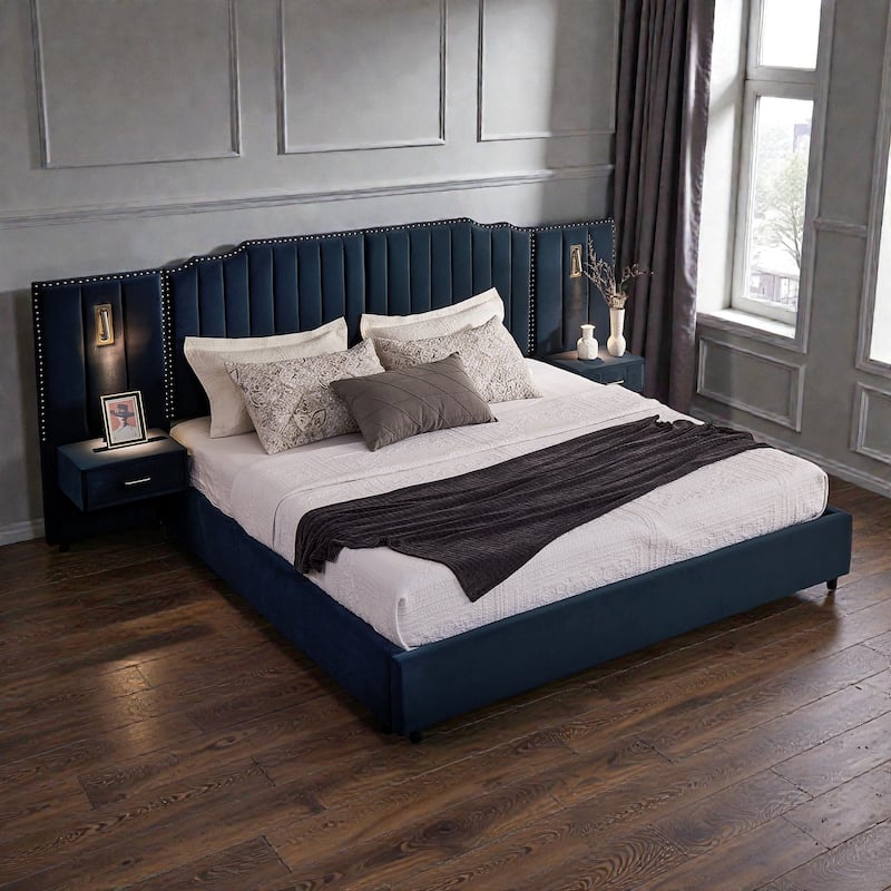 Modern Upholstered Bed Frame with Velvet Headboard, Vertical Channel Button Design, Integrated Nightstand, Platform Support - Dark Blue - King