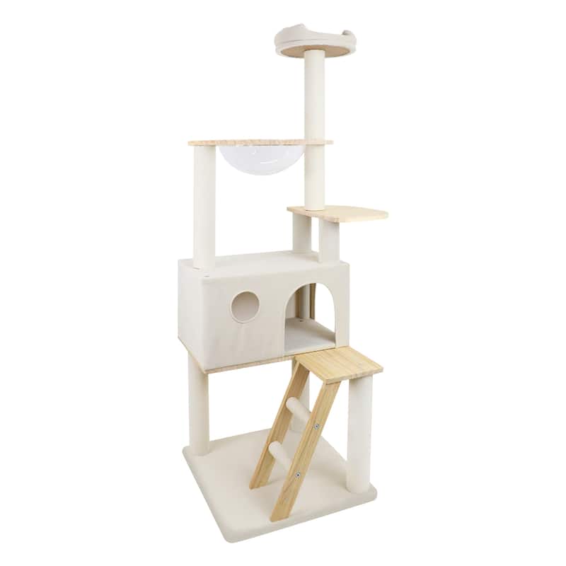Wood Cat Tree With Large Condo Wood ladder And Transparent Spacecraft 165cm - White
