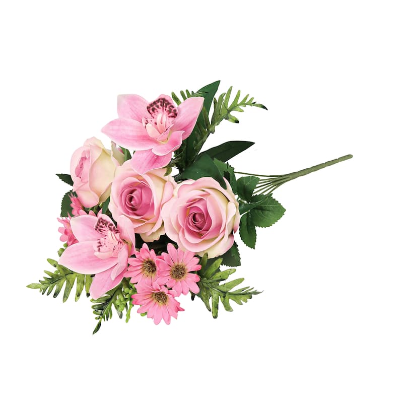 Set of 2 Pink Artificial Mixed Rose Cymbidium Orchid Daisy Flower Stem Bush Bouquet 16in - 16" L x 9" W x 9" DP